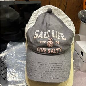 Salt Life Gray and Cream Trucker Hat with Pink Logo